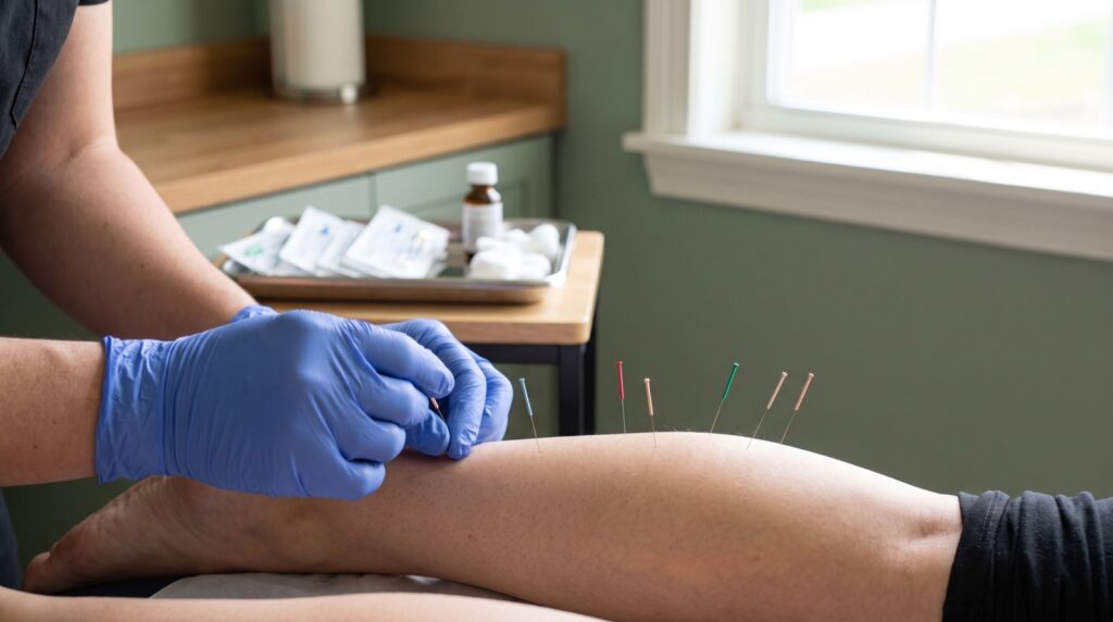 An acupuncturist places a fine sterile needle in a patient's lower leg, with several needles already in place