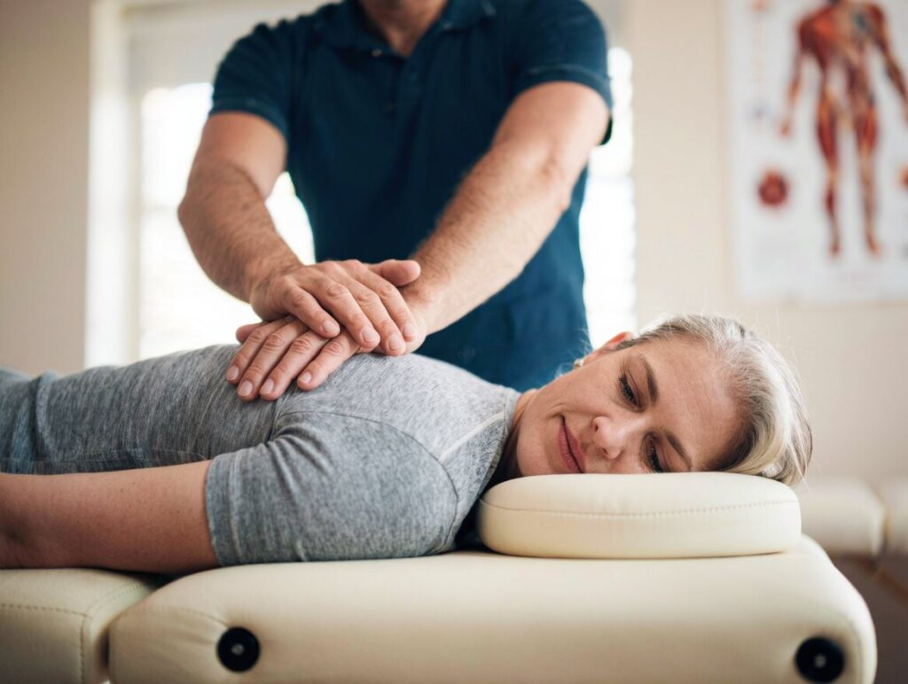 A chiropractor performs a thoracic adjustment with stacked hands on the upper back of a patient lying face down on a treatment table