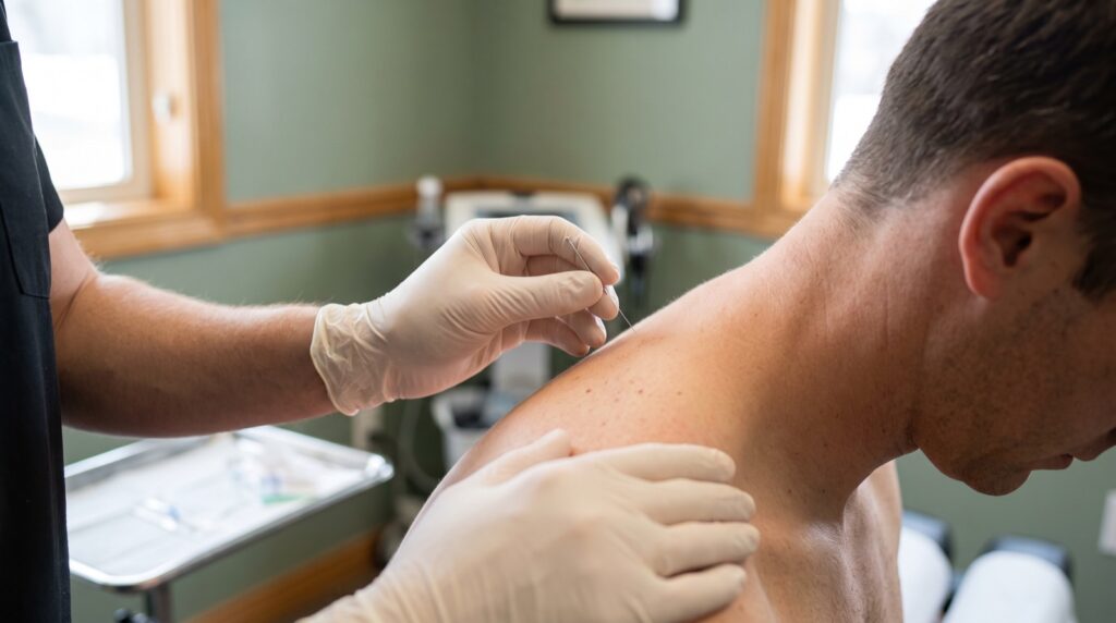 A physiotherapist inserts a fine sterile needle into a patient's upper trapezius muscle