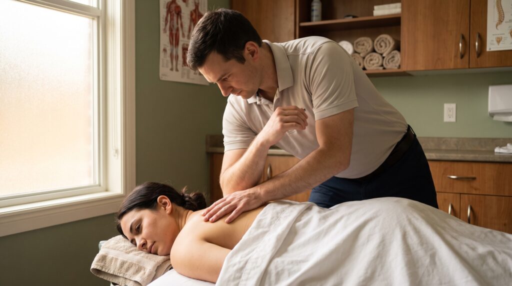 A registered massage therapist treats a patient's upper back, draped with a sheet, in a MedRehab Group treatment room