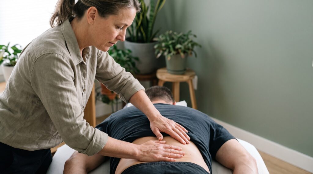 An osteopath applies gentle two-handed pressure to a patient's lower back on a treatment table