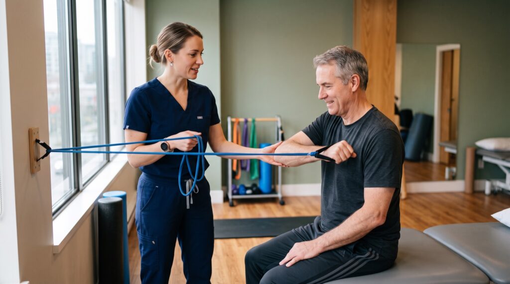A physiotherapist guides a patient through a shoulder mobility exercise on a treatment table at a MedRehab Group clinic