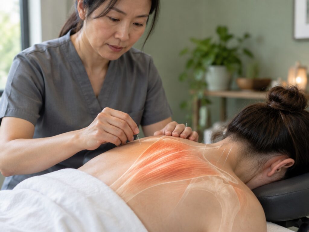 A registered acupuncturist places a fine needle in a patient's shoulder, with the muscle illustrated over the skin, at a MedRehab Group clinic