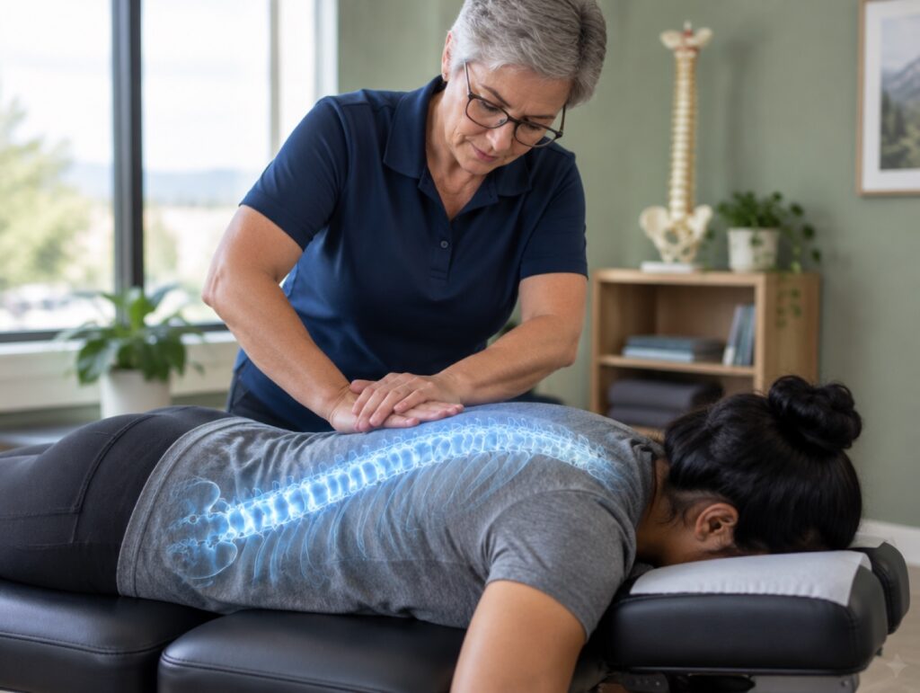 A chiropractor performs a gentle mid-back adjustment, with the spine illustrated over the patient's back, at a MedRehab Group clinic