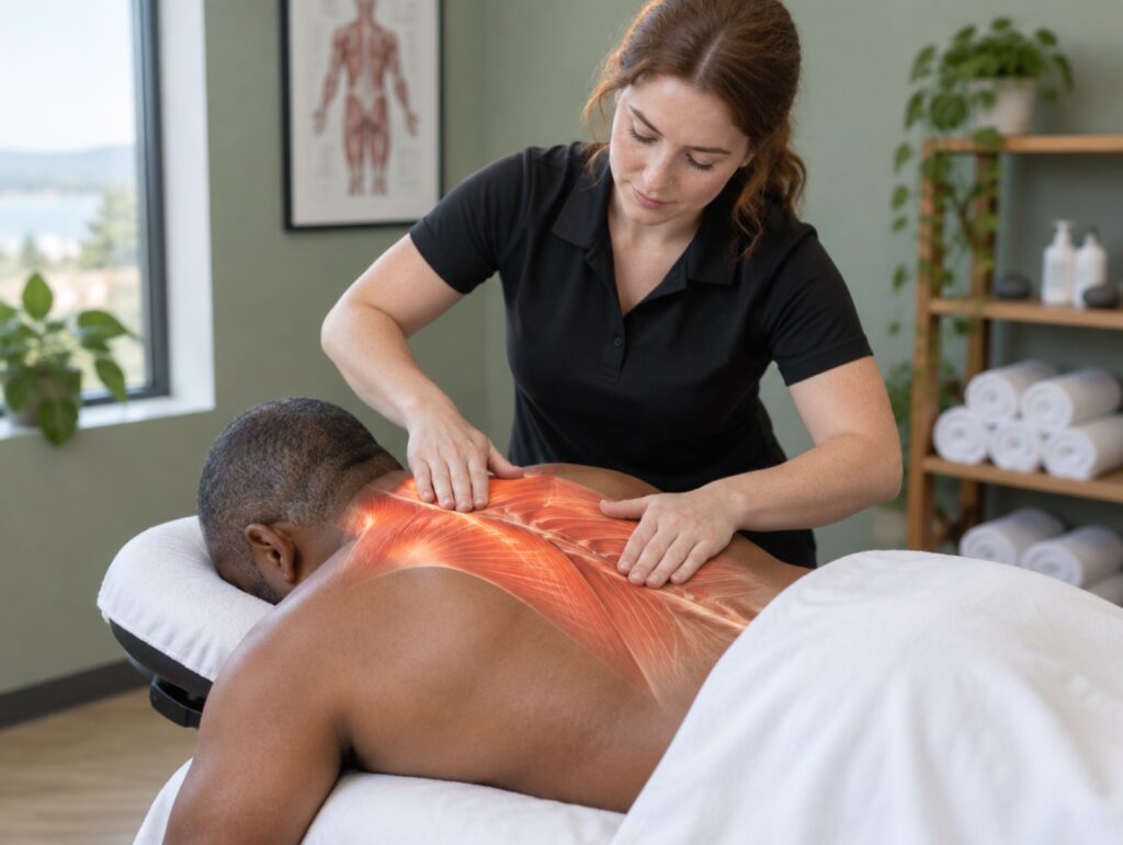 A registered massage therapist works on a patient's upper back, with the muscles illustrated over the skin, at a MedRehab Group clinic